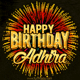Golden 'Happy Birthday Adhira' text accompanied by animated rainbow fireworks for a festive animated greeting.