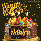 A delightful chocolate birthday cake with bright candles and 'Happy Birthday Adhira' written in gold amidst a shower of animated stars.