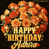 Animated bouquet of orange roses with moving butterfles and golden 'Happy Birthday Adhira' text, surrounded by sparkling accents and a dark backdrop for a luxurious feel.