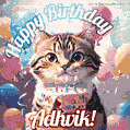 Happy birthday gif for Adhvik with cat and cake