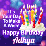 A colorful birthday GIF for Adhya featuring a cupcake with vibrant lit candles and the text 'It's Your Day to Make a Wish! Happy Birthday Adhya' in bold letters on a festive purple background.
