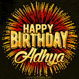 Golden 'Happy Birthday Adhya' text accompanied by animated rainbow fireworks for a festive animated greeting.