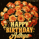 Animated bouquet of orange roses with moving butterfles and golden 'Happy Birthday Adhya' text, surrounded by sparkling accents and a dark backdrop for a luxurious feel.