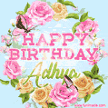 A charming animated GIF featuring 'Happy Birthday Adhya' in pink and green text, surrounded by delicate roses, leaves, and fluttering butterflies on a soft light blue pastel background.