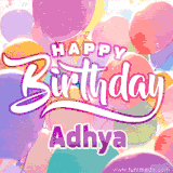 A vibrant name GIF featuring colorful balloons in shades of pink, orange, and yellow with the bold text 'Happy Birthday Adhya' in festive fonts, creating a lively birthday vibe.