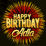 Golden 'Happy Birthday Adia' text accompanied by animated rainbow fireworks for a festive animated greeting.
