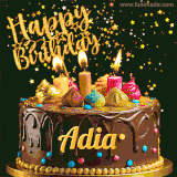 A delightful chocolate birthday cake with bright candles and 'Happy Birthday Adia' written in gold amidst a shower of animated stars.