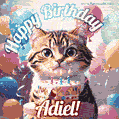 Happy birthday gif for Adiel with cat and cake