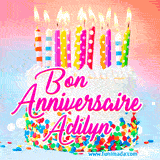 A white birthday cake covered in colorful sprinkles, topped with bright candles, and French text 'Bon Anniversaire Adilyn' on a pastel gradient background in an animated GIF.