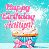 A festive cupcake with pink icing, a gingham bow, and a lit animated sparkler, paired with 'Happy Birthday Adilyn!' in bright pink text.