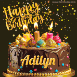 A delightful chocolate birthday cake with bright candles and 'Happy Birthday Adilyn' written in gold amidst a shower of animated stars.