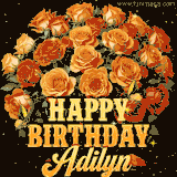Animated bouquet of orange roses with moving butterfles and golden 'Happy Birthday Adilyn' text, surrounded by sparkling accents and a dark backdrop for a luxurious feel.
