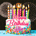 Amazing Animated GIF Image for Adin with Birthday Cake and Fireworks