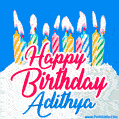 Happy Birthday GIF for Adithya with Birthday Cake and Lit Candles