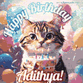 Happy birthday gif for Adithya with cat and cake