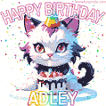 Cute cosmic cat with a birthday cake for Adley surrounded by a shimmering array of rainbow stars