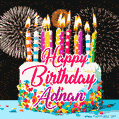 Amazing Animated GIF Image for Adnan with Birthday Cake and Fireworks