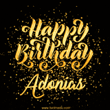 Animated GIF with colorful, festive 'Happy Birthday Adonias' text decorated with patterns, a party hat, and falling confetti. A vibrant and cheerful design for birthday celebrations.
