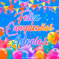 A vibrant animated GIF with 'Feliz Cumpleaños Adonias' written in colorful script, surrounded by balloons, confetti, and bunting on a bright blue background.