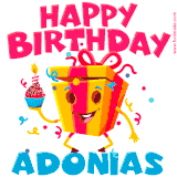 A funny animated birthday GIF with the words 'Happy Birthday Adoniasa', colorful gift box with arms and legs, holding a cupcake with a lit candle  with confetti everywhere.