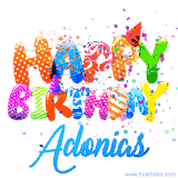 Animated GIF with colorful, festive 'Happy Birthday Adonias' text decorated with patterns, a party hat, and falling confetti. A vibrant and cheerful design for birthday celebrations.