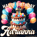 Hand-drawn happy birthday cake adorned with an arch of colorful balloons - name GIF for Adrianna
