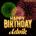 Wishing You A Happy Birthday, Advik! Best fireworks GIF animated greeting card.