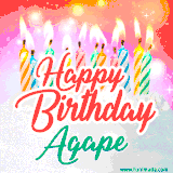 Bright birthday candles with rainbow flames on a cake, alongside the text 'Happy Birthday Agape' in vibrant script in this celebratory animated GIF.