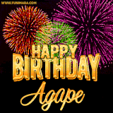 A golden 'Happy Birthday Agape' message with vibrant fireworks in the background, creating a festive and celebratory vibe in this animated name GIF.