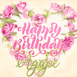 A stunning heart made of pink roses surrounds the elegant script text 'Happy Birthday Agape' on a soft beige background. Animated sparkles add a magical and festive feel.