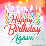 Bright birthday candles with rainbow flames on a cake, alongside the text 'Happy Birthday Agave' in vibrant script in this celebratory animated GIF.