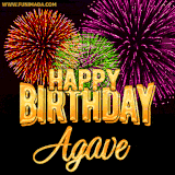 A golden 'Happy Birthday Agave' message with vibrant fireworks in the background, creating a festive and celebratory vibe in this animated name GIF.