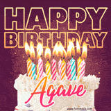 A colorful birthday cake topped with lit candles, with the words 'Happy Birthday Agave' in bold glowing letters on a burgundy background. Animated flames add a festive touch.