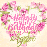 A stunning heart made of pink roses surrounds the elegant script text 'Happy Birthday Agave' on a soft beige background. Animated sparkles add a magical and festive feel.