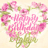 A stunning heart made of pink roses surrounds the elegant script text 'Happy Birthday Aglaja' on a soft beige background. Animated sparkles add a magical and festive feel.