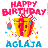A vibrant and funny gift box character with a happy face dancing with a cupcake and the text 'Happy Birthday Aglaja,' surrounded by animated confetti and party vibes.