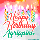Bright birthday candles with rainbow flames on a cake, alongside the text 'Happy Birthday Agrippina' in vibrant script in this celebratory animated GIF.