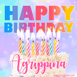 A vibrant animated name GIF with the words 'Happy Birthday Agrippina' with colorful candles on a creamy cake. The background sparkles with pastel shades, adding a festive touch.