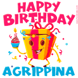A vibrant and funny gift box character with a happy face dancing with a cupcake and the text 'Happy Birthday Agrippina,' surrounded by animated confetti and party vibes.
