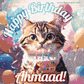 Happy birthday gif for Ahmaad with cat and cake