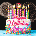 Amazing Animated GIF Image for Ahmad with Birthday Cake and Fireworks