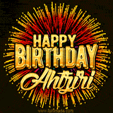 Golden 'Happy Birthday Ahtziri' text accompanied by animated rainbow fireworks for a festive animated greeting.