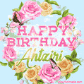 A charming animated GIF featuring 'Happy Birthday Ahtziri' in pink and green text, surrounded by delicate roses, leaves, and fluttering butterflies on a soft light blue pastel background.