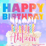 A vibrant animated name GIF with the words 'Happy Birthday Ahtziri' with colorful candles on a creamy cake. The background sparkles with pastel shades, adding a festive touch.