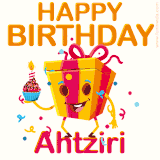 A vibrant and funny gift box character with a happy face dancing with a cupcake and the text 'Happy Birthday Ahtziri,' surrounded by animated confetti and party vibes.