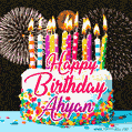 Amazing Animated GIF Image for Ahyan with Birthday Cake and Fireworks