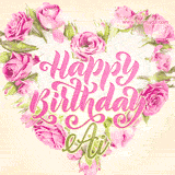 A stunning heart made of pink roses surrounds the elegant script text 'Happy Birthday Ai' on a soft beige background. Animated sparkles add a magical and festive feel.