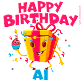 A vibrant and funny gift box character with a happy face dancing with a cupcake and the text 'Happy Birthday Ai,' surrounded by animated confetti and party vibes.