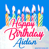 A cheerful animated GIF featuring colorful lit birthday candles on a white cake, with the text 'Happy Birthday Aidan' in bold red and blue script on a bright blue background.