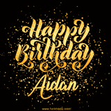 Animated GIF with colorful, festive 'Happy Birthday Aidan' text decorated with patterns, a party hat, and falling confetti. A vibrant and cheerful design for birthday celebrations.